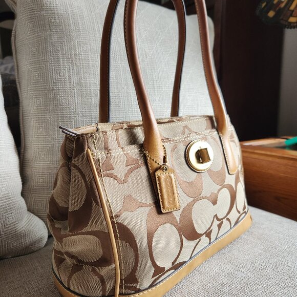 COACH Madeline top handle shoulder satchel khaki signature C and camel leather - Picture 2 of 15